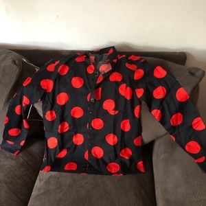 10 Deep Black with red polka dot button down.